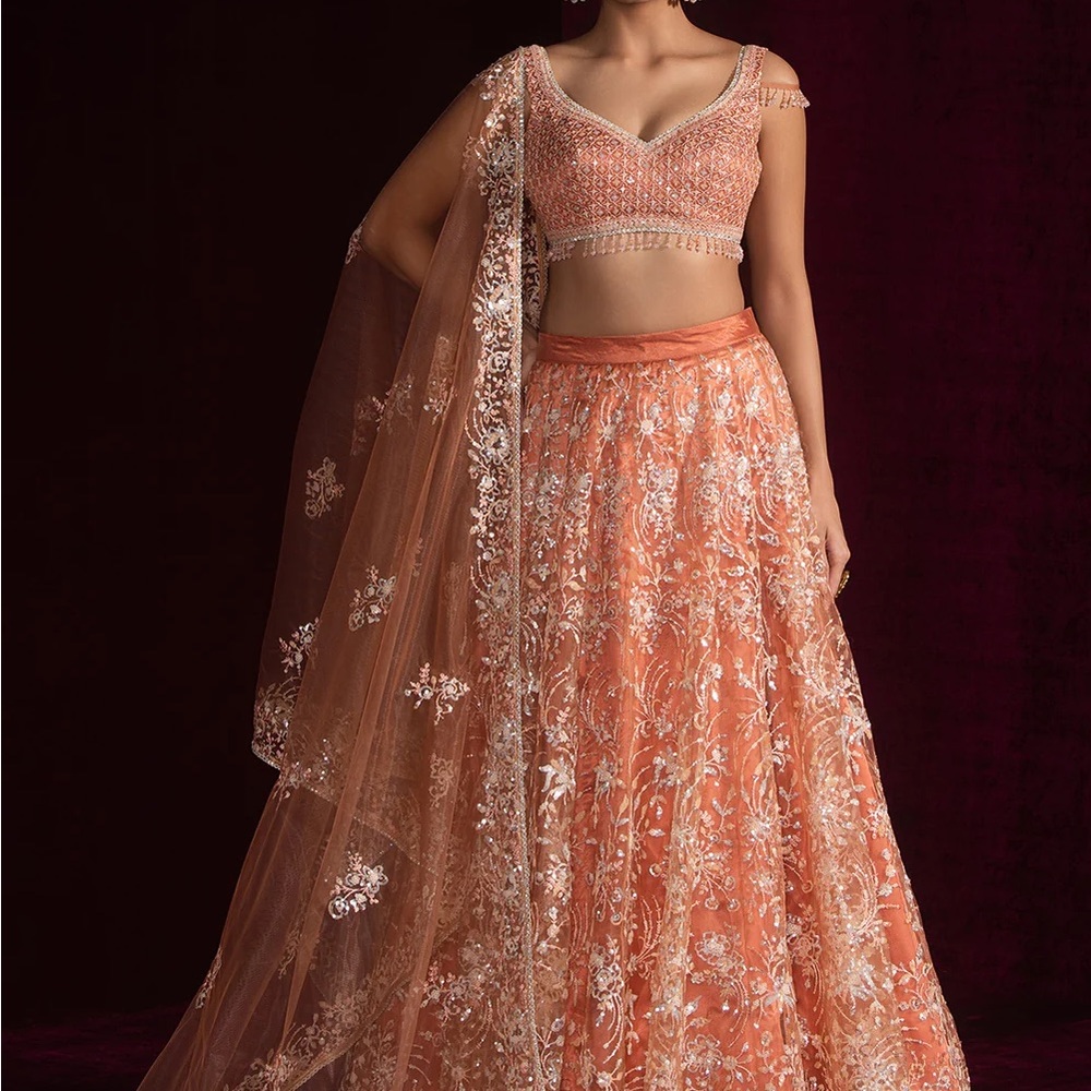 Elegant Coral Embroidered Lehenga